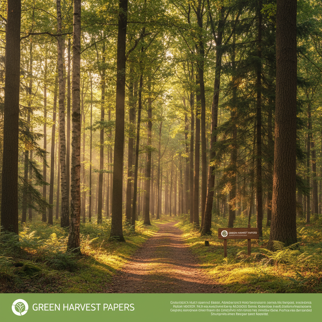 햇살이 비치는 울창하고 지속 가능한 관리형 숲의 풍경으로 현대적인 제지 회사의 친환경 원료 공급원을 상징하는 고화질 이미지