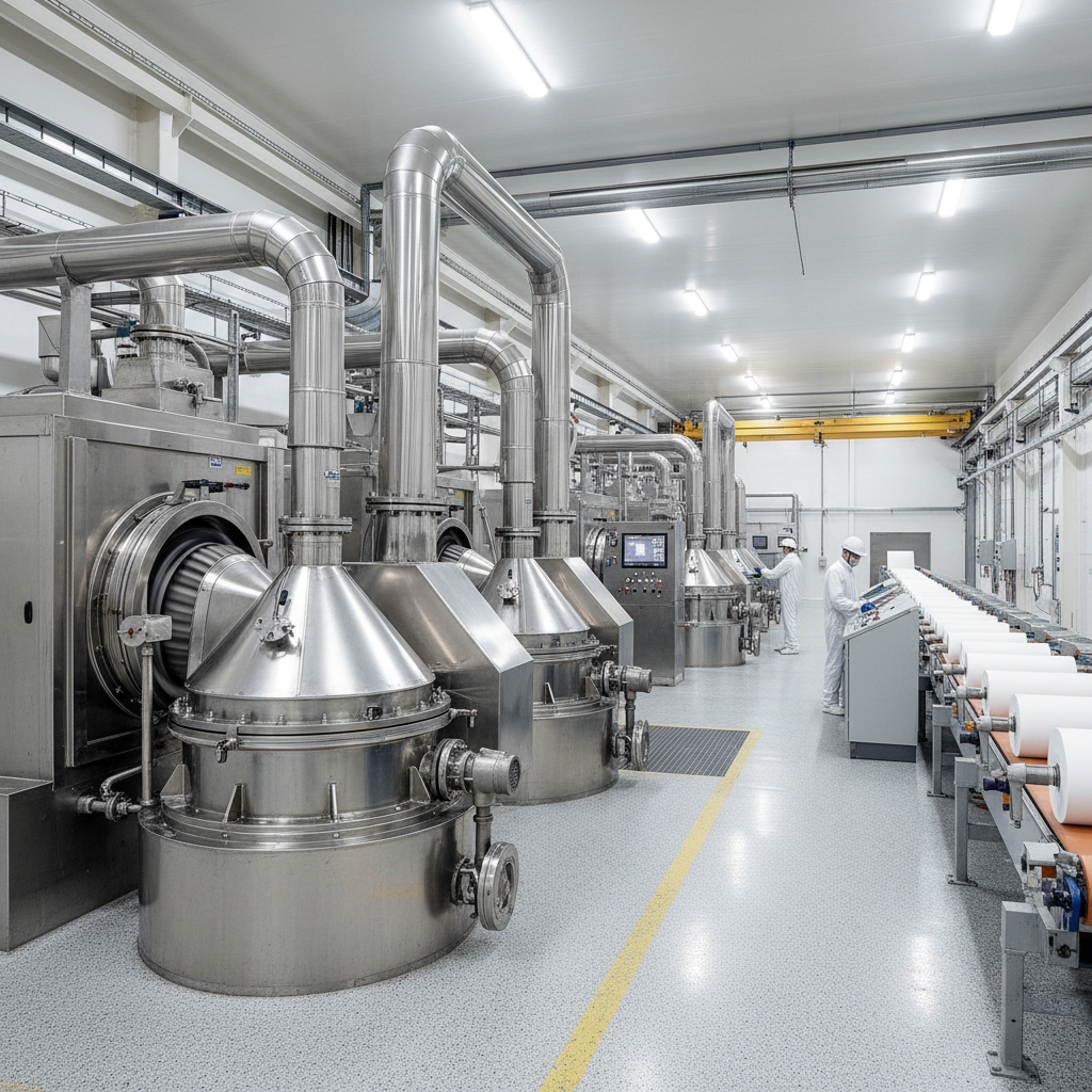 스테인리스 스틸 소재의 최첨단 기계가 가동되는 청결한 펄프 가공 공정의 내부를 담은 밝고 세련된 산업 사진