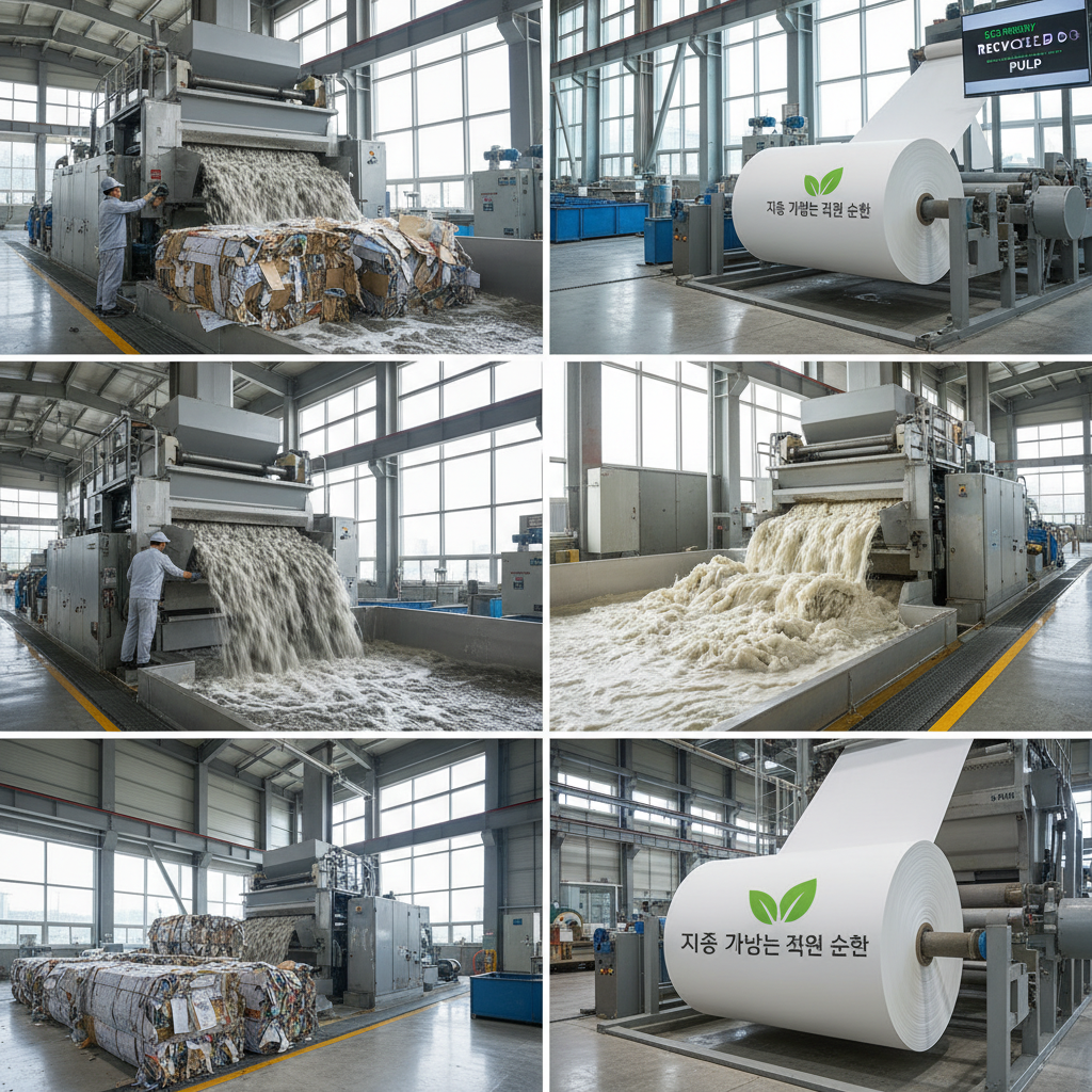 폐지가 깨끗한 재생 펄프로 변환되는 과정을 담아 친환경적이고 지속 가능한 자원 순환을 강조한 제지 공장의 공정 이미지