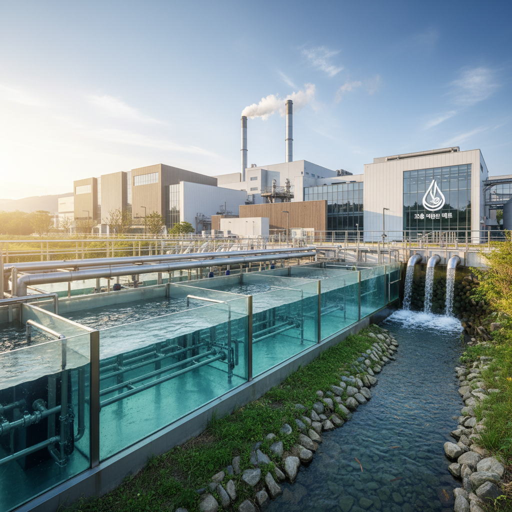 제지 공장 부지 내의 첨단 수처리 정화 시스템과 맑은 물이 흐르는 모습을 통해 환경 보호와 사회적 책임을 표현한 풍경